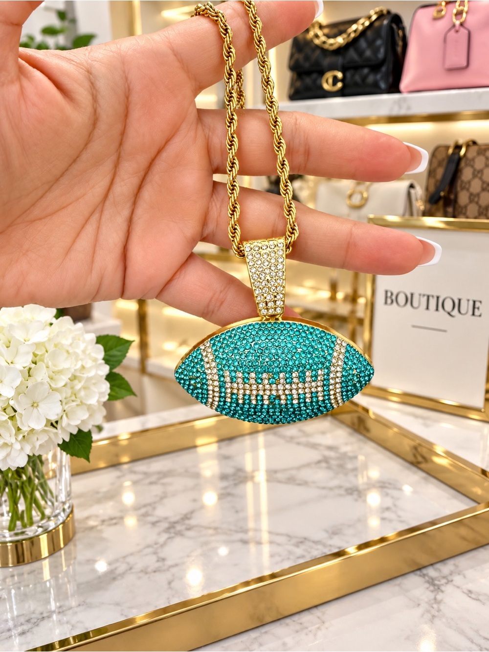 Gold-Plated Turquoise Crystal Football Pendant Necklace